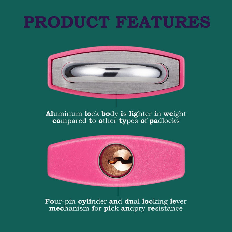 2 Pack Aluminum Locker Lock with Key, Pad Lock with 1-9/16 in. (40 mm) Wide Lock Body, Key Lock for Gym Locker, Shed, Gate, and Storage Unit Pink*2SS