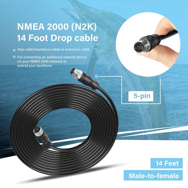 NMEA 2000 (N2K) 14-Foot Drop Cable Backbone Cable Extension Cable Fit for Lowrance Simrad B&G Navico Garmin Networks, Stable Connection, IP67 Waterproof 14 Feet