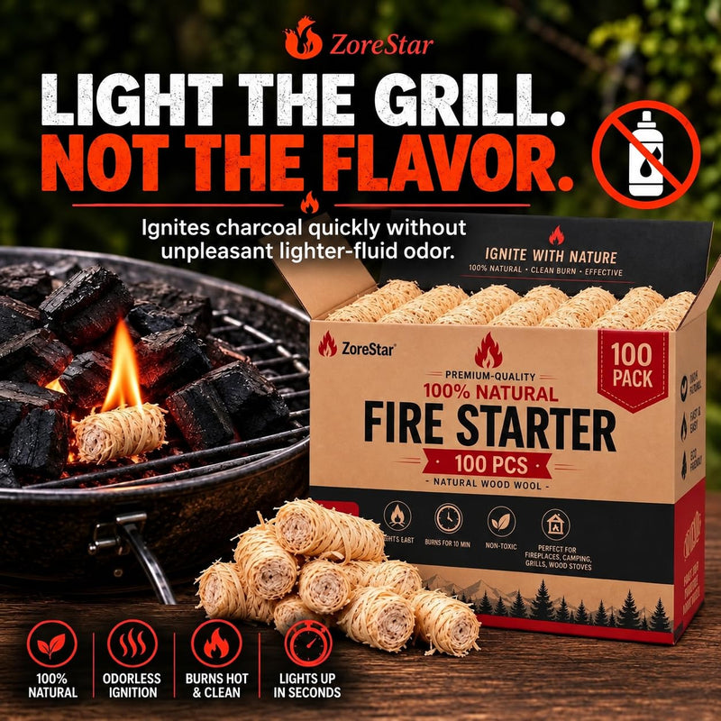 Fire Starters for Woodstoves - XXL Pack of 100 Charcoal and Wood Fire Starters for Quick Ignition - Ideal for Campfires, Fireplaces, Grills, Fire Pits - Reliable Outdoor Fire Starter Kit 100pcs