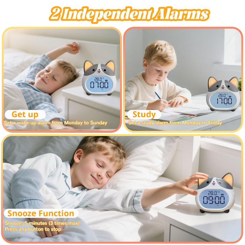 AVEKI Alarm Clocks for Kids - Cute Dog Clock with Night Light, 6 Alarm Tones, Snooze, Timer, Date and Temperature Display - Rechargeable Battery Operated Digital Clocks for Bedroom Kids Room Gray