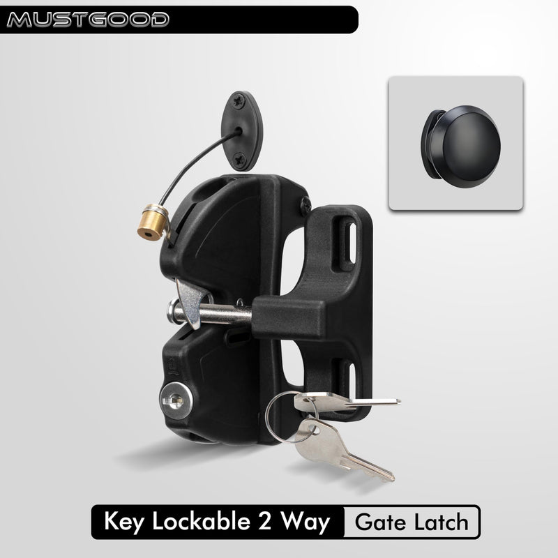 Key Lockable 2 Sided Gate Latch with Spring Pull Cable and Key,2 Way Gate Fence Lock for Outdoor Gates,Locking Gate Door Lock Fence Latch Gate Hardware for Metal,Wood,Vinyl Fence,Black Finish