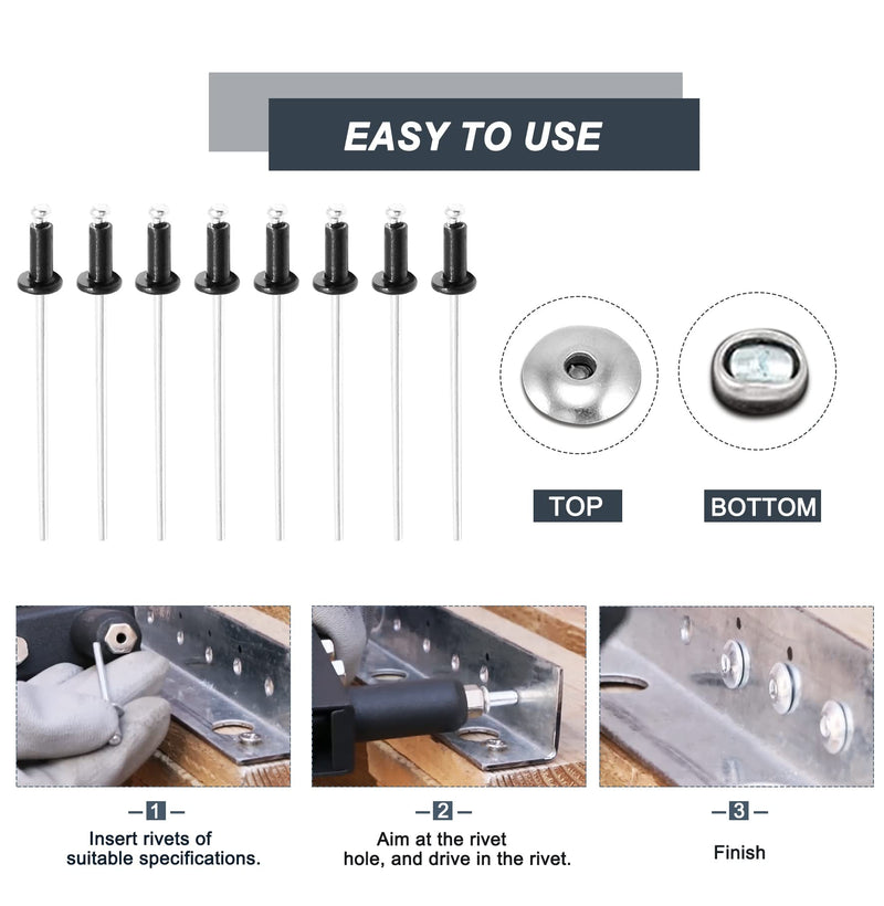 3/32" x 1/4" Black Pop Rivets Assortment - 100Pcs, Aluminum Rivets Metal Blind Rivets Kayak Rivets Tool Marine rivet fasteners for Boat