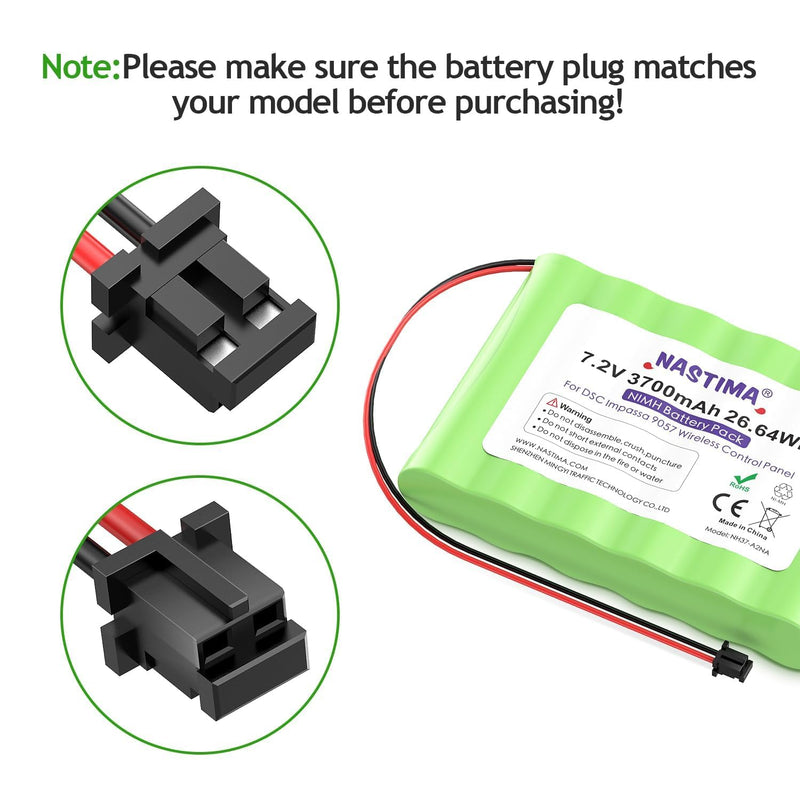 NASTIMA NIMH Battery Replacement for ADT DSC IMPASSA 9057 SCW9055 SCW9057 BH7236-SS 17000145 17000152 Wireless Home Security System | 7.2V 3700mAh 2 Prong