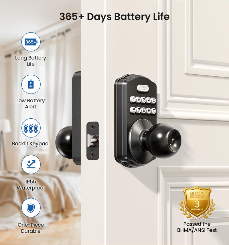 Veise Keypad Door Knob Lock, Keyless Entry Digital Lock with Handle, Electronic Knob for Front Door & Bedroom, Easy Installation, Auto-Locking, Passage Mode, Matte Black