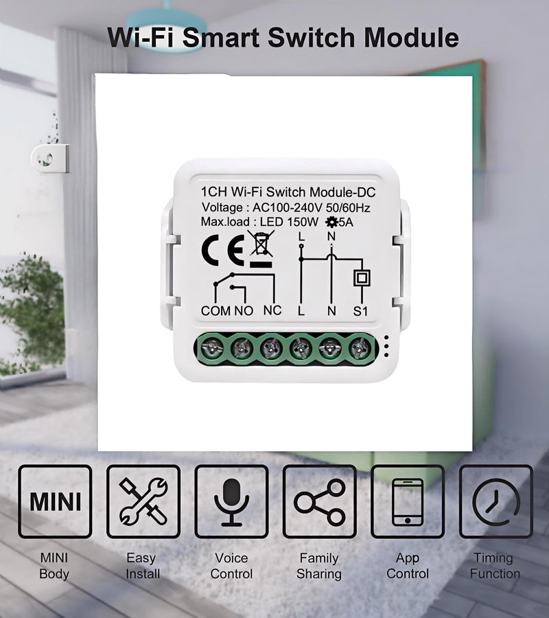 1CH Dry Contact WiFi Relay Switch Module,DC 12/24V AC 100-240V,Tuya Smart Life app,Work with Alexa,Google Home