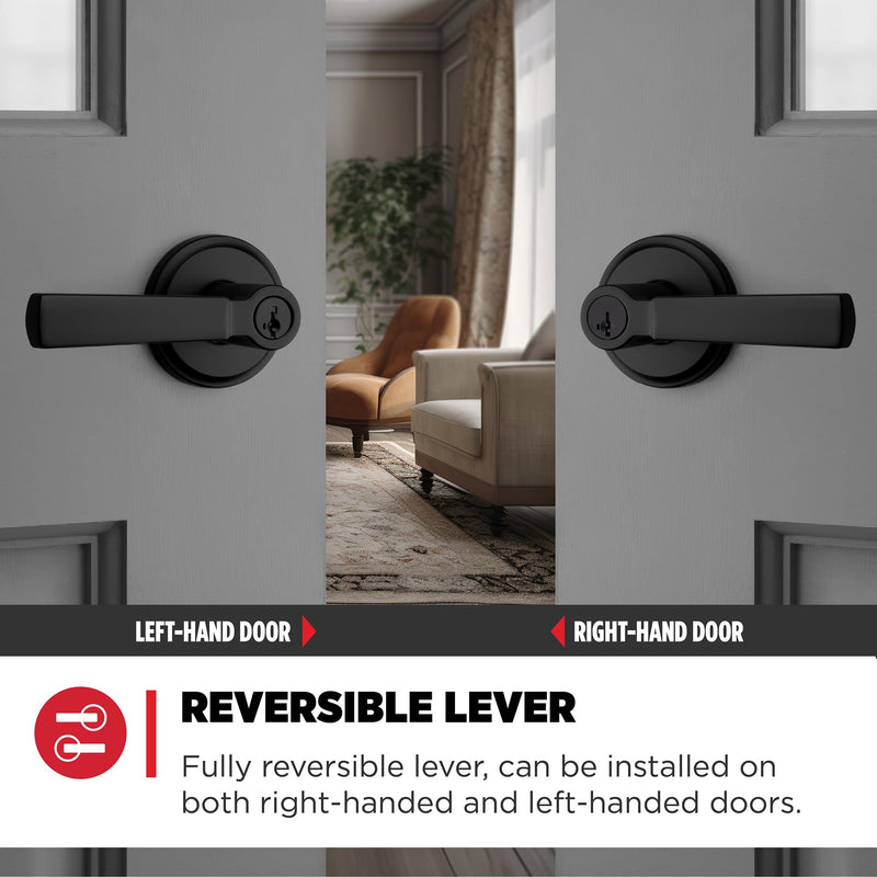 Kwikset Perth Entry Door Handle with Lock and Key, Secure Keyed Reversible Lever Exterior, for Front Entrance and Bedrooms, Matte Black, Pick Resistant Smartkey Rekey Security and Microban
