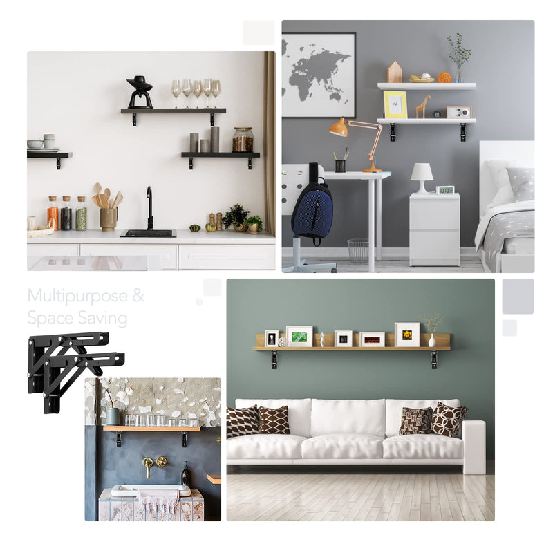 Ravinte Folding Shelf Brackets - Heavy Duty Shelf Brackets Matte Black 10 Inch Collapsible Shelf Brackets, Folding Bracket for Table Bench, Space Saving for Bench Table 2 Pack