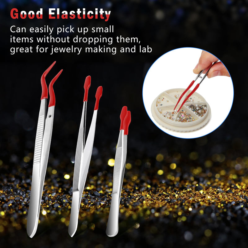 3 Pcs Tip Tweezers with Rubber, Anglekai Non-Marring Silicone Tipped Tweezers Rubber Bent Tip Flat Tweezers, Tweezers for Jewelry Coin Stamp Rubber Tweezers (Red) Red