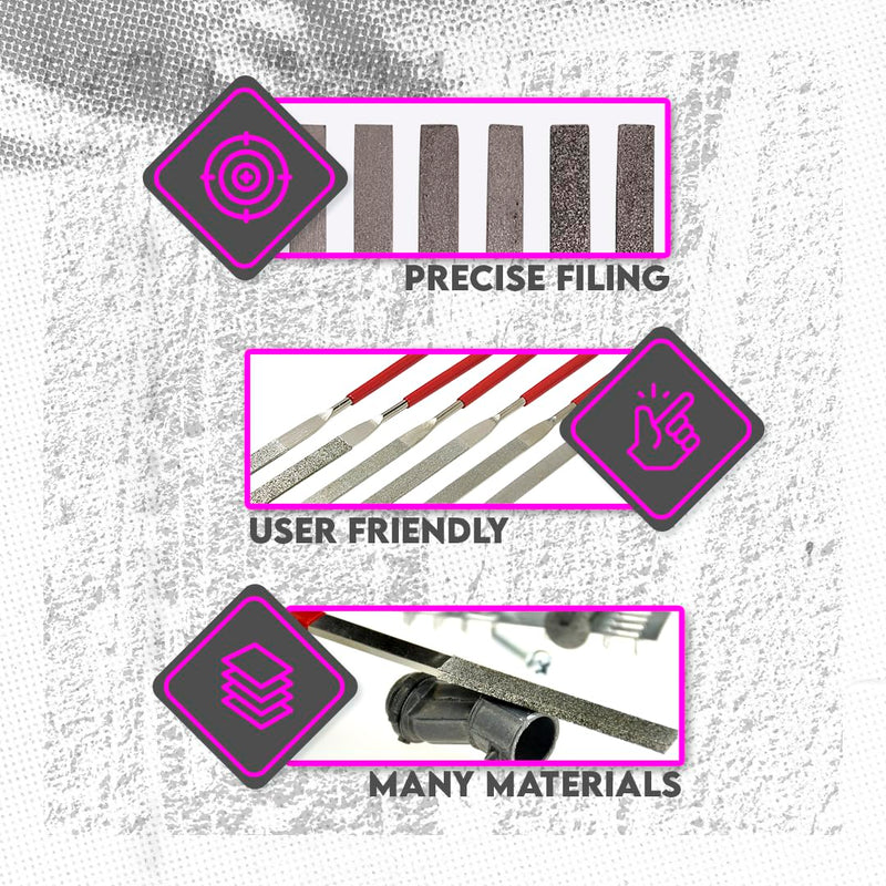 SE 74330DF 6-Piece Flat Diamond Grit File Set - Multi-Grit for Metals, Glass, Stones - 7" Length, 2" Diamond Surface, Round Handles - Includes PVC Pouch