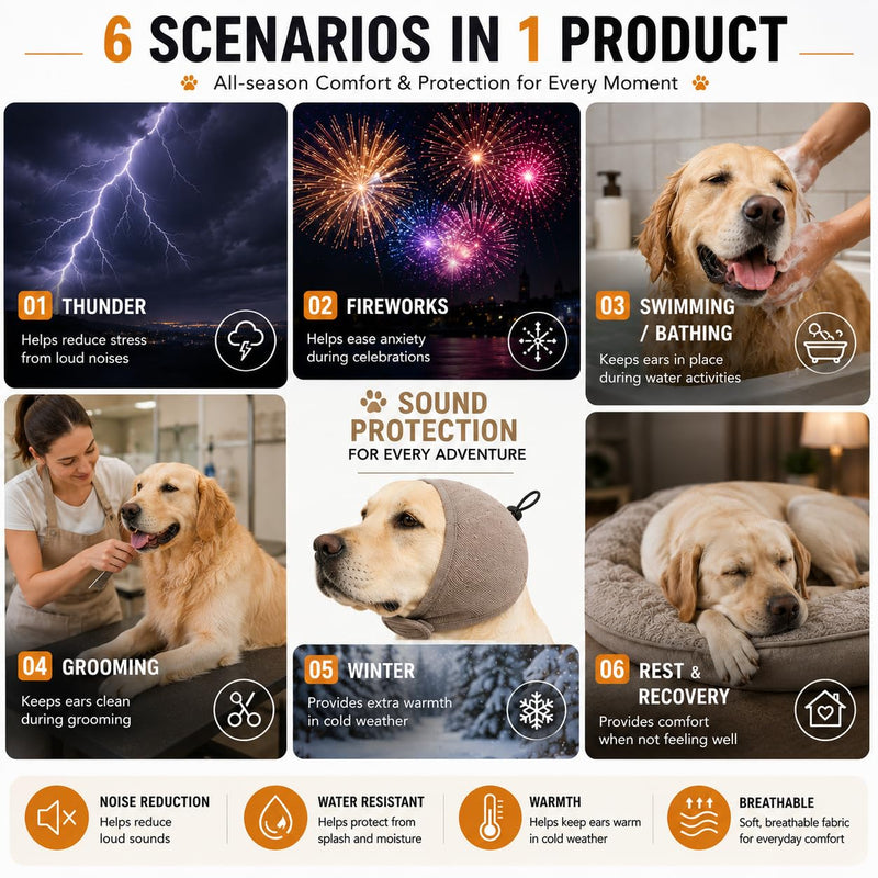 Upgraded Dog Ear Muffs with Soundproof Foam, Noise Protection, No Shake Ear Wrap, Calming Hoodie for Fireworks Grooming Bath Coffee L Mocha Bark Large