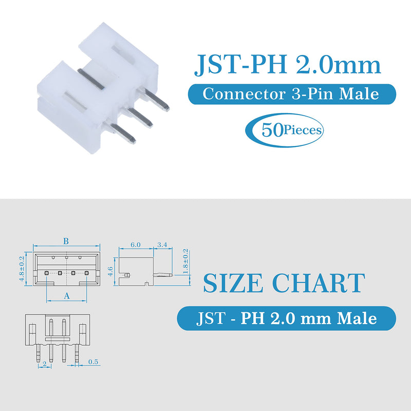 JST PH 2.0 mm Pitch 3-Pin Electronic Computer Connector IC Male Plugs, Female Sockets Housing and T-Shaped Crimp Terminal Kit. 50 Sets/250 Pieces Wire-to-Board Adapter Cable Assembly.