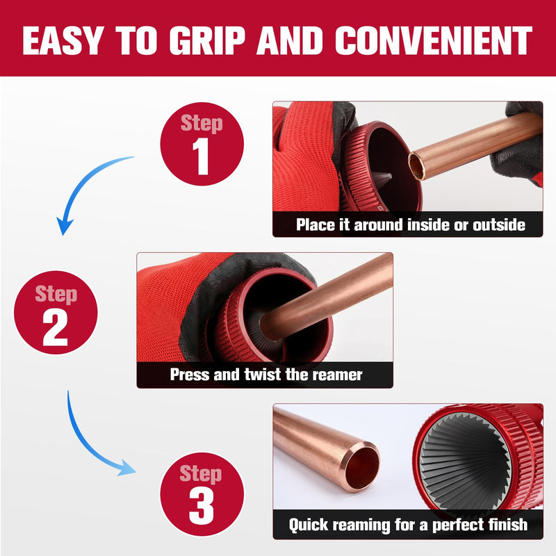 Pipe Reamer Tool, HVAC Deburring Tool for Pipe Cleaning from 1/4 Inch to 1-1/4 Inches, Inner Outer Copper Reamer with 40 Sharp Stainless Steel Reamers for PVC, Copper, Aluminum, PPR Tubes, Red 209A
