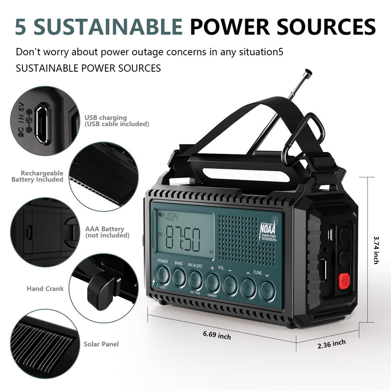 NOAA Emergency Weather Radio with Auto Alerts, 5000mAh Solar Hand Crank AM/FM/SW Shortwave Radio with Flashlight, Reading Lamp, Phone Charger, SOS Alarm, Survival Gear, Time Clock & Large LCD Display Blue LCD 5000mAh