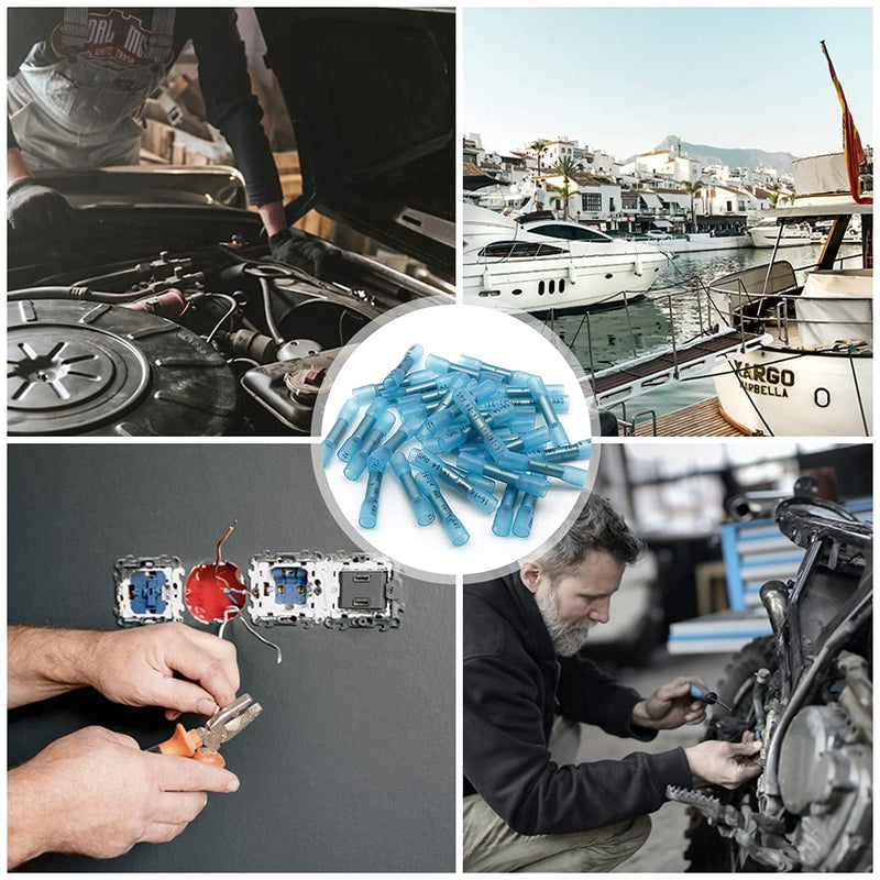 200 Pcs Blue Heat Shrink Butt Connectors, 16-14 AWG Waterproof Electrical Crimp Terminal Splice Wire Connectors for Marine, Automotive, Cable, Wiring