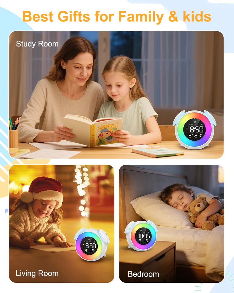 Kids Alarm Clock, Toddler Sleep Training Clock, OK to Wake Alarm Clock with 9 Colors Night Light, 7 Soothing Sounds, Dual Alarms, Birthday Gift for Boy Girls Children