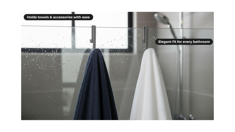 Universal Shower Hooks for Glass (6–10mm) - Extended 6” Hanging Hooks for Frameless Shower Doors, Frameless & Framed Shower Walls - Double Sided Hooks for Towels, Robes and Bathroom Accessories (Gray) Gray