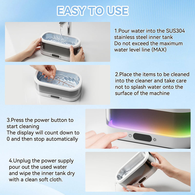Ultrasonic Jewelry Cleaner with RGB Ambient Light, 48KHz Ultrasonic Cleaner for Jewelry, Glasses, Retainers, Dentures, Rings & Watches, 350ML SUS304 Stainless Steel Cleaning Machine, White