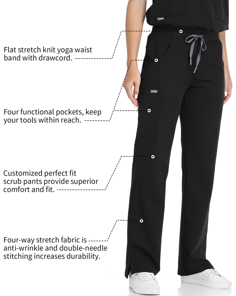COMENII Scrubs for Women, Mid Rise Straight Leg Cargo Scrubs Pants with Knit Yoga Waistband, Anti-Wrinkle Womens Scrubs Pants Regular 30" Medium Black - NewNest Australia