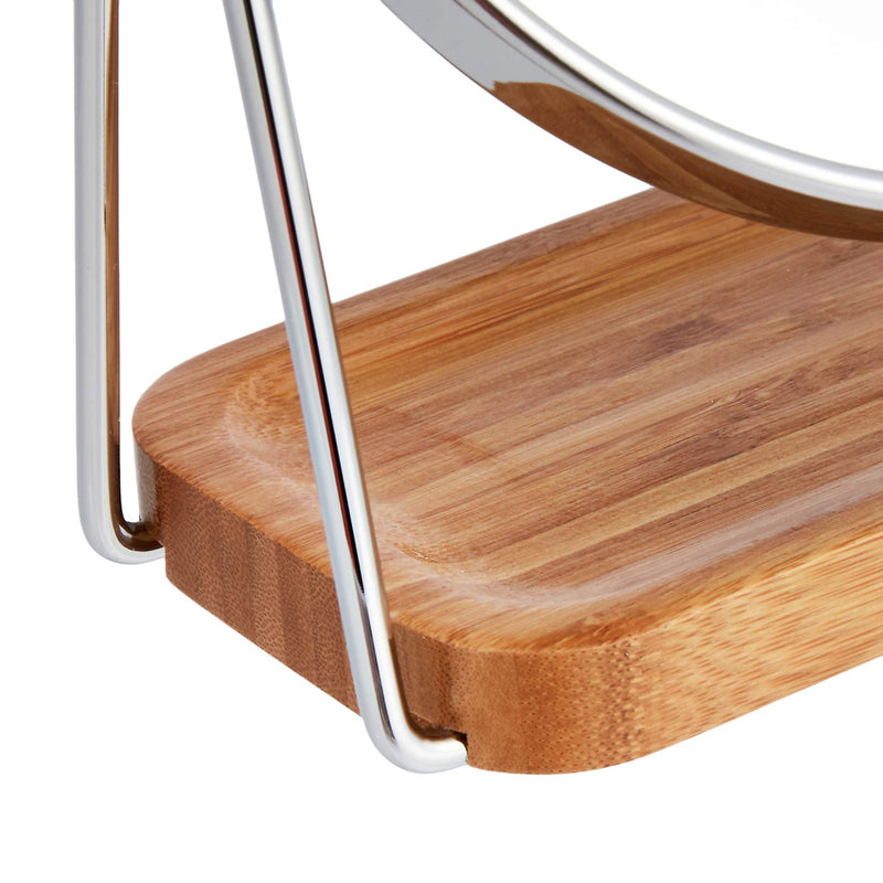 Amazon Basics Vanity Round Tabletop Mirror with 360° Rotation, Double Sided 1x/5x Magnification, Chrome Finish, Squared Bamboo Tray, 7.2"L x 3.35"W 7.2"L x 3.4"W Chrome Rim with Bamboo Base