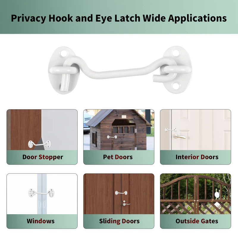 Barn Door Latch Hook and Eye Latch White, 2 Packs 4 Inch Heavy Duty Solid Stainless Steel Barn Door Hook Lock for Barn Doors, Sheds, Wooden Fences, Bathrooms, Doors, Windows (White) *White