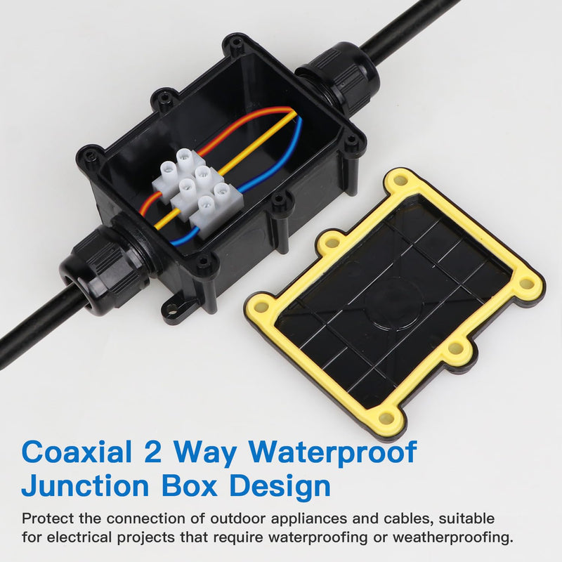 Helunsi 2 Pieces Waterproof IP68 External Junction Box, 2 Way Outdoor Junction Box, Underground Plug Line Coaxial Cable Connector Wire Range 5 to 15mm Electrical Power Cord Weatherproof Boxes - Black Black-2pcs