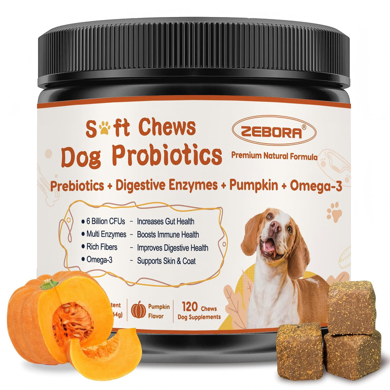 ZEBORA Probiotics for Dogs - Dog Probiotics, Pumpkin for Digestive & Gut Health, Digestive Enzymes & Prebiotic for Occasional Diarrhea, Support Immune, Skin & Allergies, 120 Soft Chews, Pumpkin Flavor
