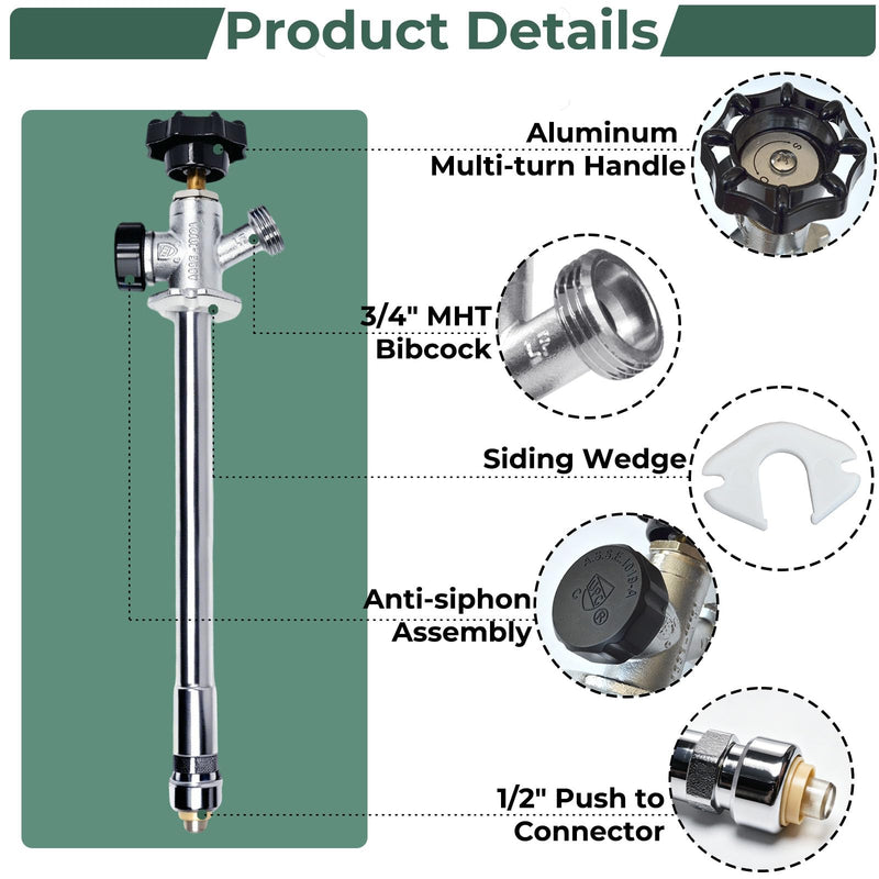 TTFLEX 12" Frost Proof Spigot 1/2" Push to Connect with 3/4" MHT Hose Bibb 1/2" Push-Fit 12 Inch