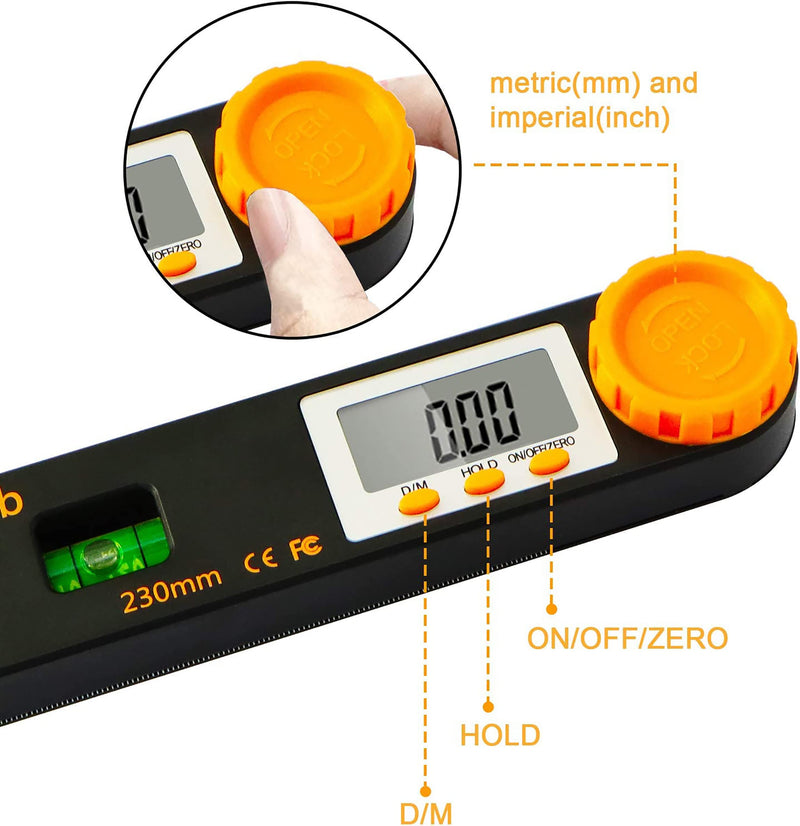Rainyb Digital Angle Finder Tool 7inch 0-360 degree LED Digital Protractor with Horizontal Vertical Bubble Levels and Ruler Meter Accurate Tools for Carpenters,Woodworkers,Fabricators 7inch Angle Finder X 1