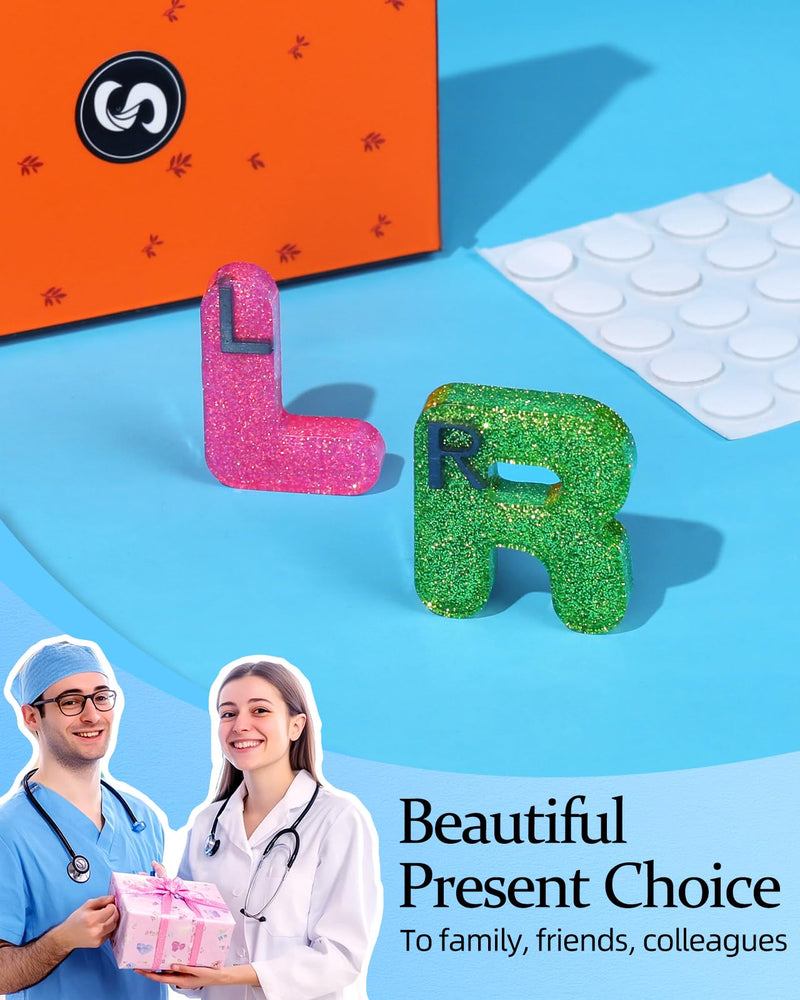 Plifal Xray Markers with Lead Initials - Glitter Radiology X-ray Markers in Rose & Green "L&R" Letter Shape Include Reusable Adhesive Tapes to Nurse Radiologist Badge Buddy, Easy to Identify Pink Green