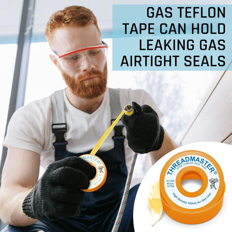 Yellow Gas Pipe Thread Sealant Tape - Pack of 1-260" Length 1/2" Width Thread Seal Tape - for Propane, Natural Gas, and More