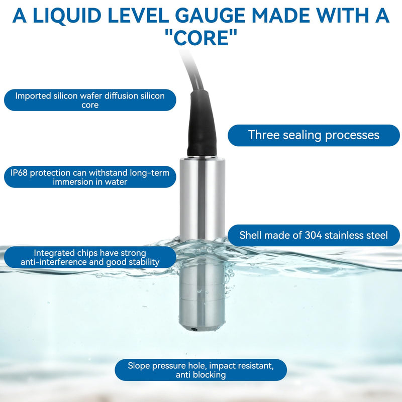 Submersible Level Sensor 4-20mA, DC24V 316L Stainless Steel Input Liquid Level Transmitter Water Level Sensor Detector 5m Cable (0-3m Measuring Range) 0-3m Measuring Range
