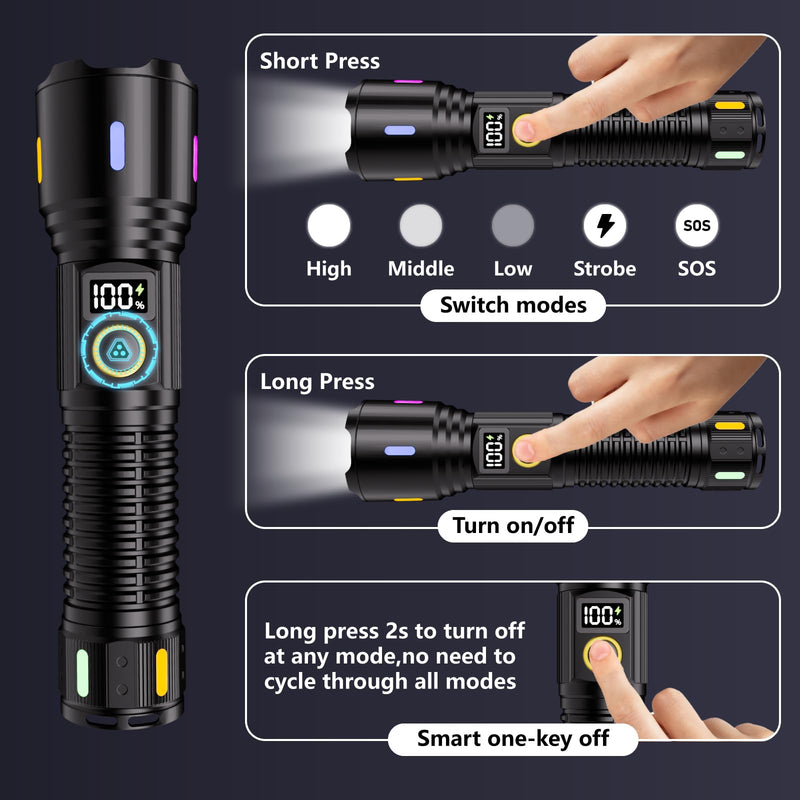 Rechargeable Flashlights High Lumens, 990,00LM LED Super Bright Flash Light, Handheld Tactical Flashlight, Adjustable High Powered Flash Lights, 5-Mode Powerful Linternas for Emergencies Camping