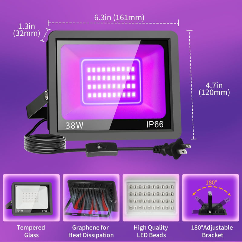 38W LED Black Lights IP66 Waterproof Black Light Outdoor with 5ft Plug+Switch,Flood Blacklight for Halloween Glow in The Dark Party Stage Light Neon Glow Birthday 1 Pack 38W-1Pack