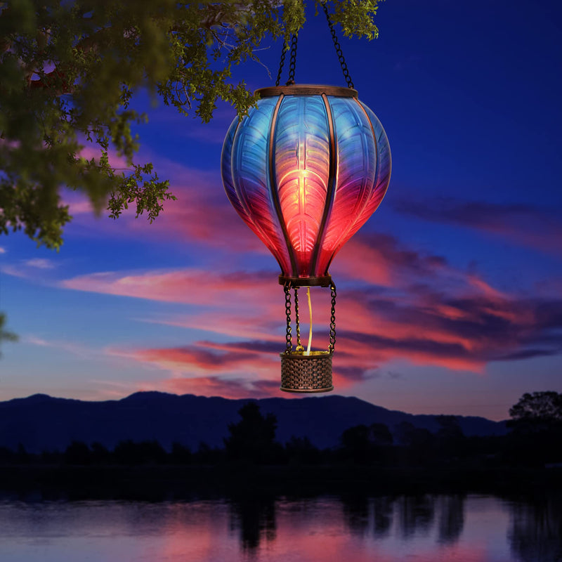 TERESA'S COLLECTIONS Hot Air Balloon Solar Lantern for Garden Decor Halloween Christmas Party,Flickering Flame Hanging Solar Light for Outdoor ,Blue & Purple Plastic Lamp for Yard Tree,Gift for Mom Blue & Purple