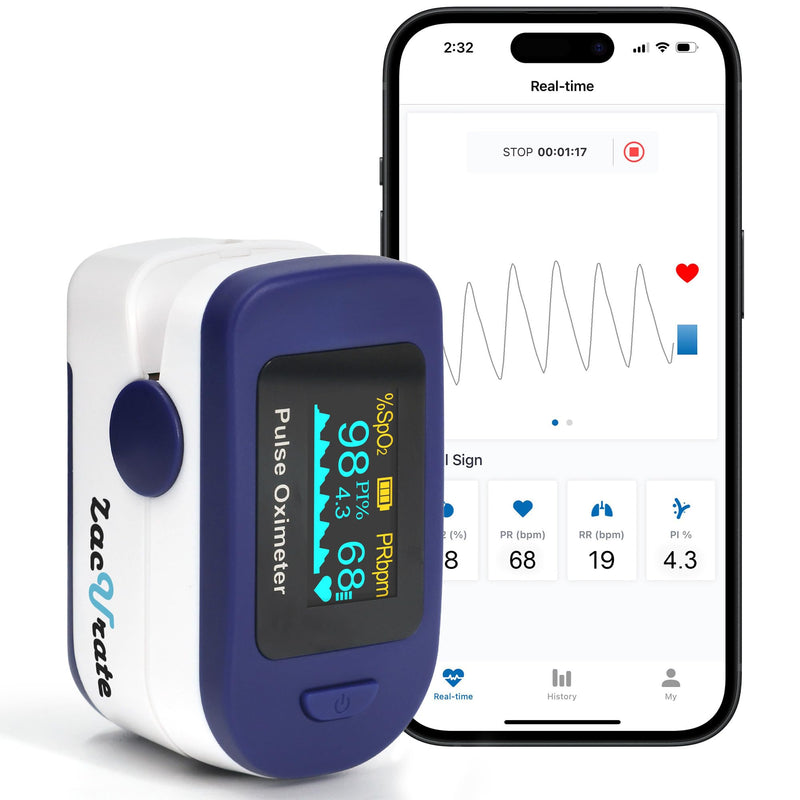 Zacurate 500B-B Wireless Bluetooth Fingertip Pulse Oximeter, Blood Oxygen Monitor with Free App, SpO2, Plethysmograph, and Perfusion Index Finger Oxygen Sensor Blue