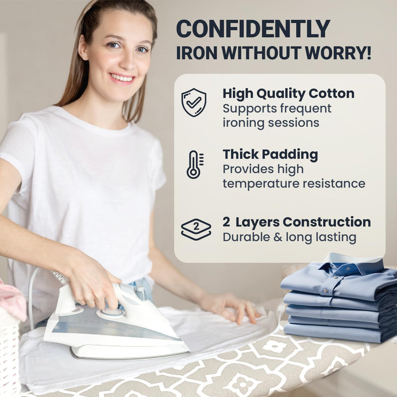 Ironing Board Cover and Pad 15X54“ - Extra Thick Natural Cotton, Scorch & Stain-Resistant Padding, Standard Size Iron Board Cover with Metal Fasteners Heavy Duty Elastic Edge, Heatproof Gray Geometry 15X54“
