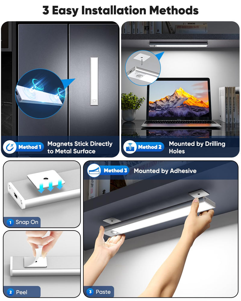Under Cabinet Lighting, LED Battery Operated Rechargeable Motion Sensor Night Lights Indoor, 2200mAh Magnetic Wireless Closet Lights, 6500K Dimmable Under Counter Lights for Kitchen, Stair, 3 Packs 10inch - 3pack
