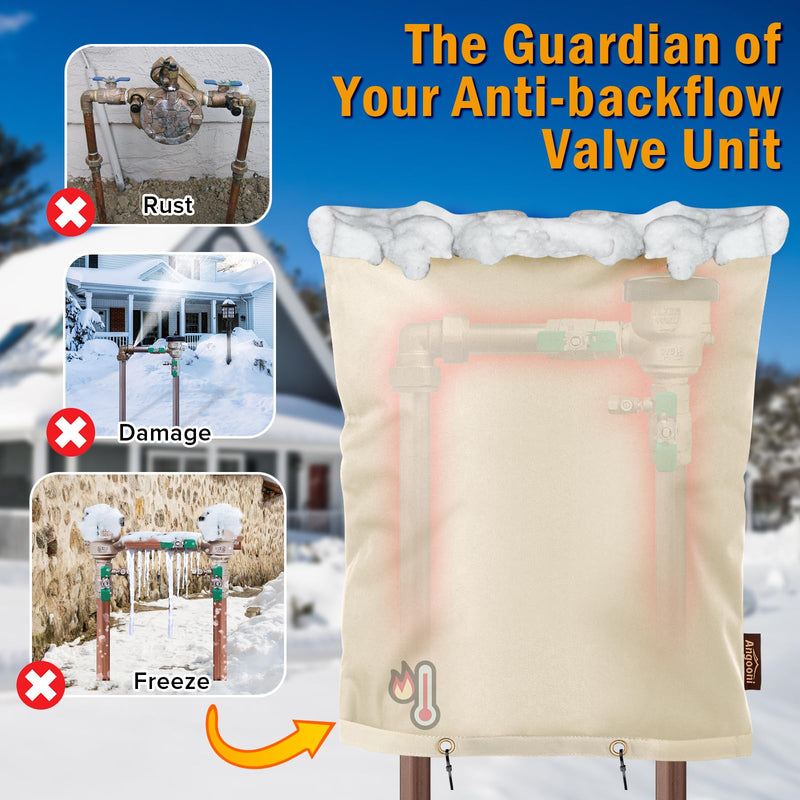 Upgraded Backflow Preventer Cover Aluminum Foil (5℉) - 16"W x 20"H Industrial 600D Winter Sprinkler Valve Covers for Outside, Anti-UV Winter-Freeze Water Well Pump Cover, Beige 16" W x 20" H