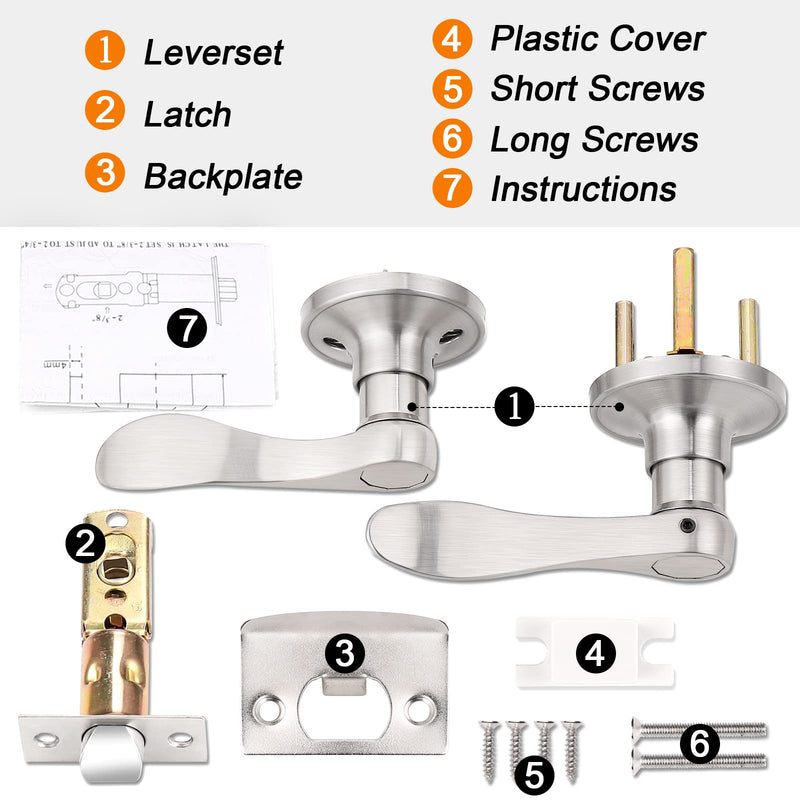 Probrico Wave Passage Door Lever Satin Nickel Keyless Handle for Hall and Closet, Interior Non-Locking Leverset 1