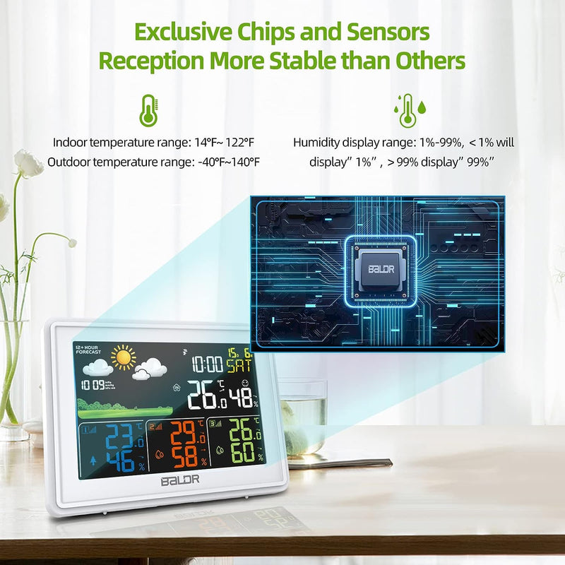 BALDR Wireless Weather Station with 3 Sensors, Color Display Digital Atomic Clocks with Indoor Outdoor Temperature White