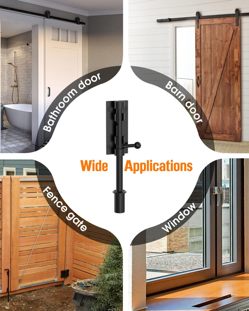 7.7" Barrel Bolt Latch, Heavy Duty Slide Bolt Gate Latch, 304 Stainless Steel Thickened Metal Gate Locks for Outdoor Fence, Shed, Wooden Gate, Barn, Patio, Courtyard (Black - 2pcs) Black - 2pcs