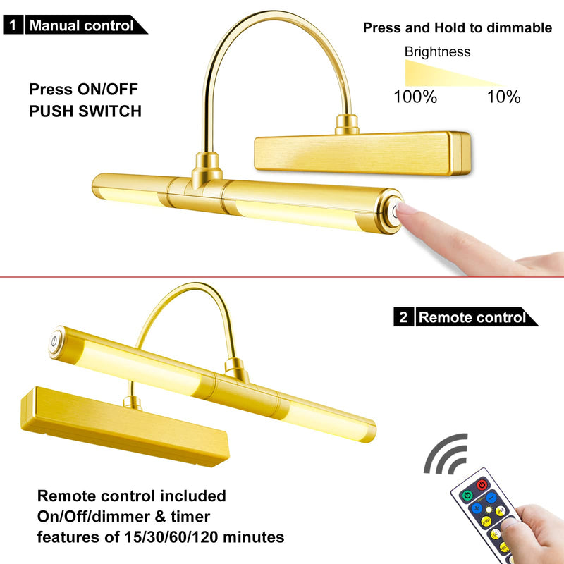 LUXSWAY Wireless Picture Light Battery Operated, Remote Control Painting Light with Rotatable Light Tube, Dimmable and Timer Off Art Display Light for Picture Frame Artworking Portrait -Orange Gold Battery-13 inch