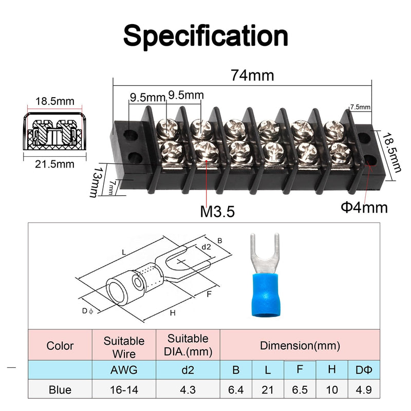 MILAPEAK Terminal Block - 2 Pack 6 Positions 200v-450v 20-30A Dual Row Screw Terminals Strip + 24 PCS Copper Wire Fork Connectors 20 Amps 6 Circuits