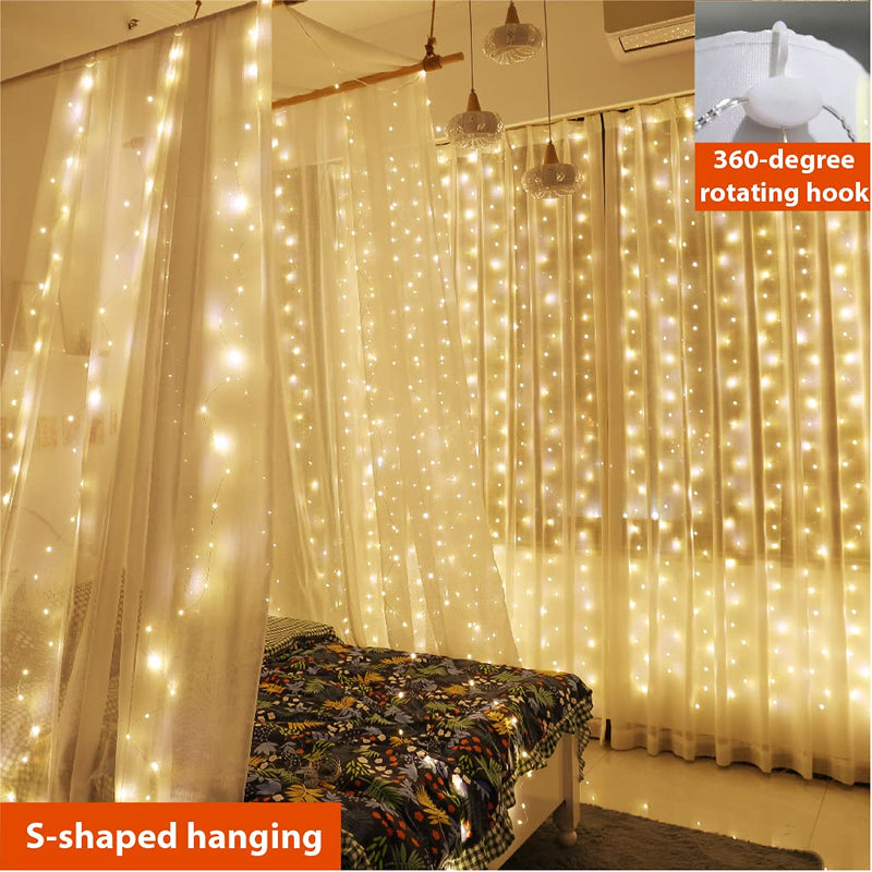 ZSJWL 300 LED Curtain Fairy Lights with Remote, 8 Modes 9.8 × 9.8 Ft, USB Plug in Copper Wire String Lights for Bedroom Window Chrismas Wedding Party, Warm White 1