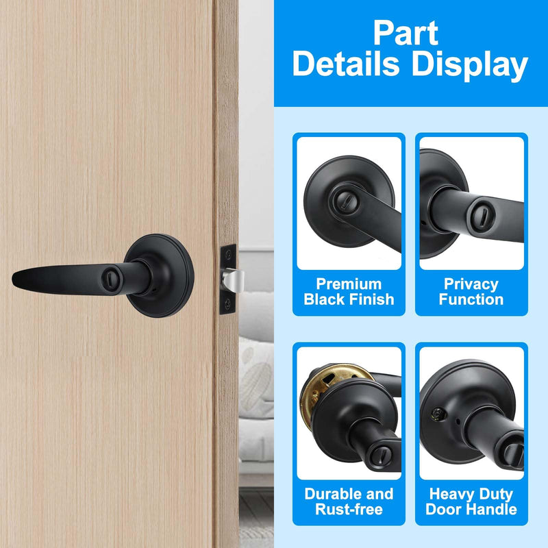Privacy Door Levers, 3 Pack Matte Black Door Handles, Bed and Bath Door Locksets Heavy Duty Keyless Interior Handles, Reversible for Left Right Handed Doors