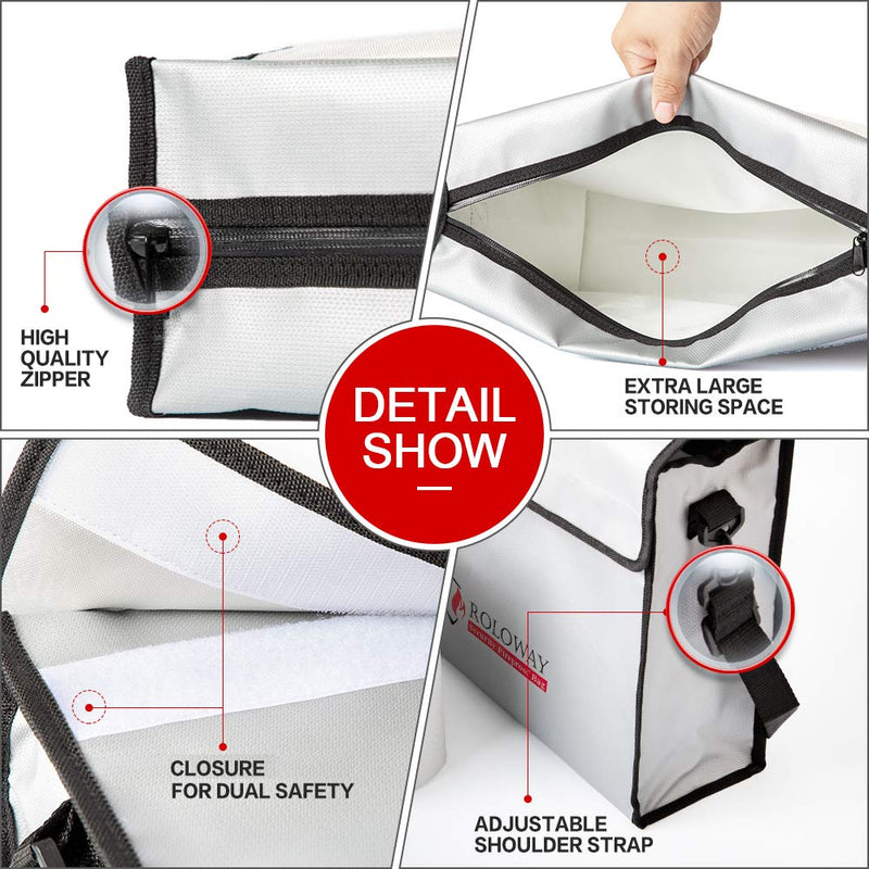 ROLOWAY Fireproof Document & Money Bags, Large Fireproof & Water Resistant Bag (15 x 12 x 5 inches), Fireproof Folder Safe Bag for Cash, Valuables & Passport, with Silicone Coating & Zipper Closure Large + Small Silver without Reflective Strip