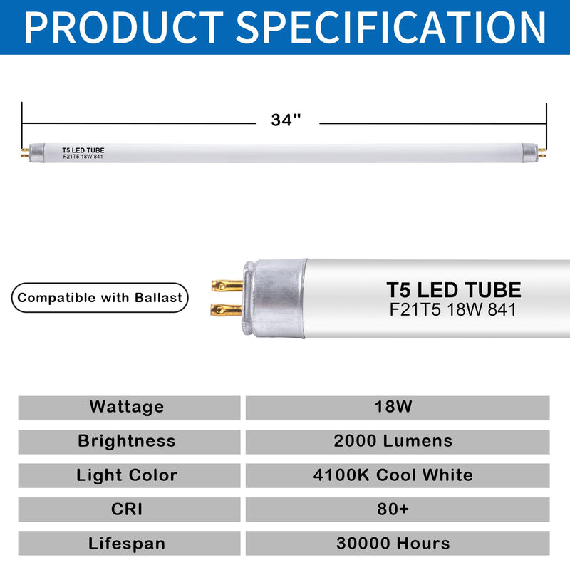 34 Inch F21T5/CW LED Replacement Bulbs, 4100K Cool White, T5 LED 18 Watts Replace Fluorescent Bulb with LED, Replacement Tube for Counter and Cabinet Fixture, 4 Pack