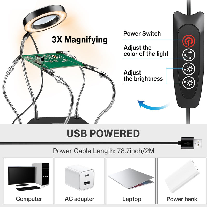Lytool Helping Hands Soldering Station with 3X Magnifying Glass Dimmable LED, Flexible Helping Hands Soldering with 4 Flexible Arms for Welding Repair Hobby DIY With light