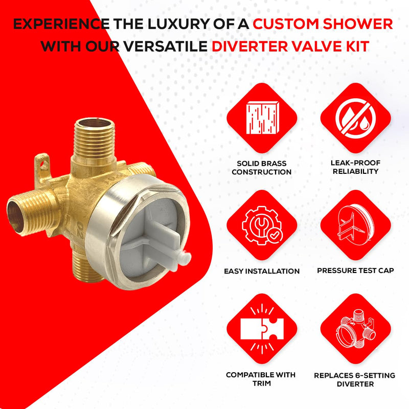 R11000 Shower Diverter Rough-in Valve for 3-Setting or 6-Setting Custom Shower Faucet Diverter Trim Kit, Fully Brass Construction