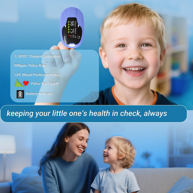 Pediatric Fingertip Pulse Oximeter for Kids, Blood Oxygen Saturation & Pulse Rate Monitor, Fast Reading SpO2 PR Display with Memory Function, Adjustable Brightness, Batteries Included